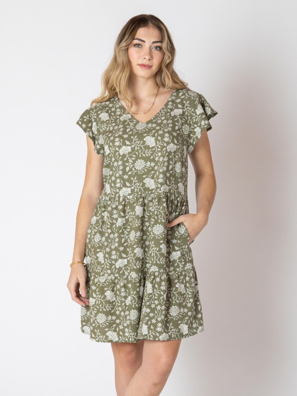Olive Floral V-Neck Tiered Mini Dress with Pockets